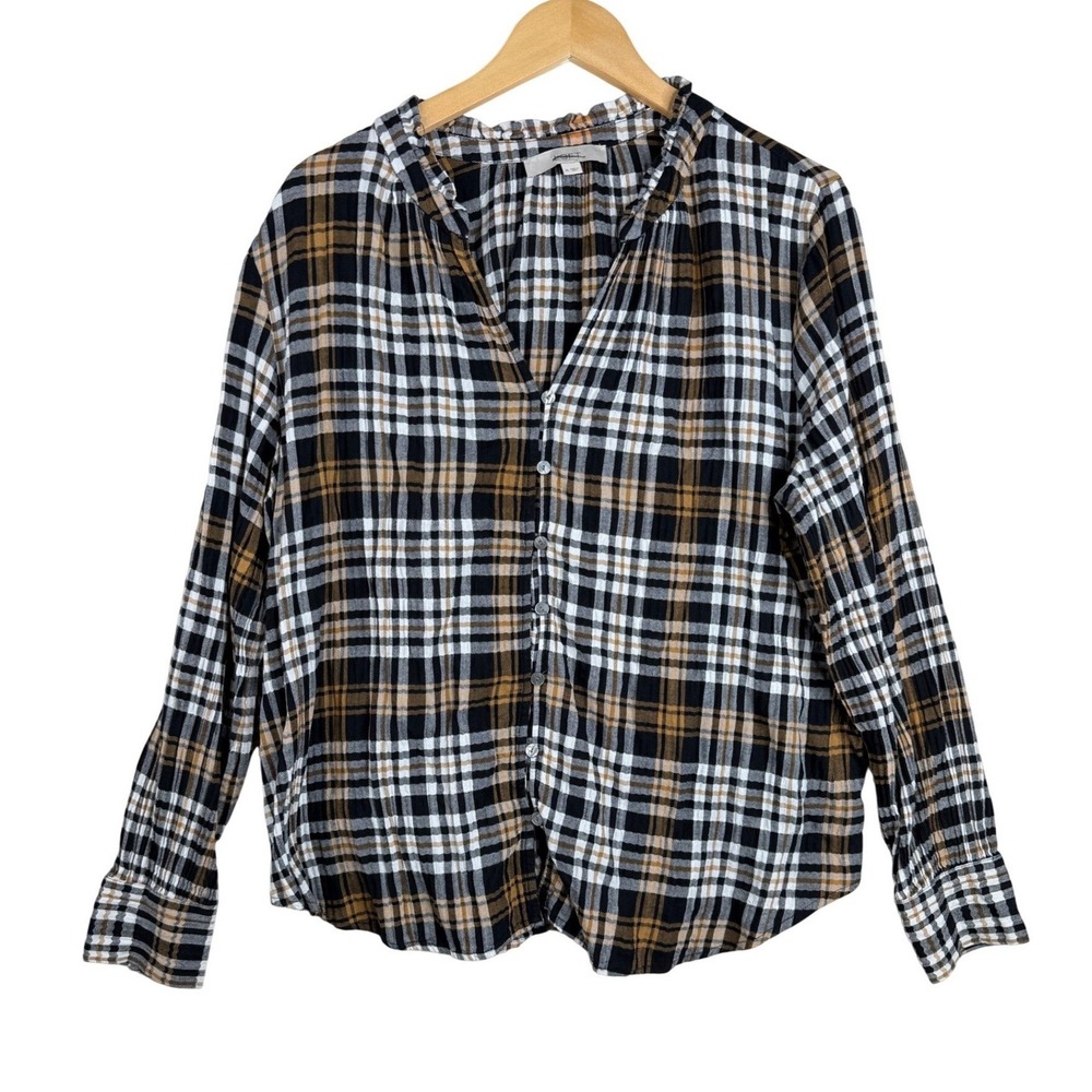 Loft Plaid Pattern Long Sleeve Button Down Shirt size XL Black/Yellow/White